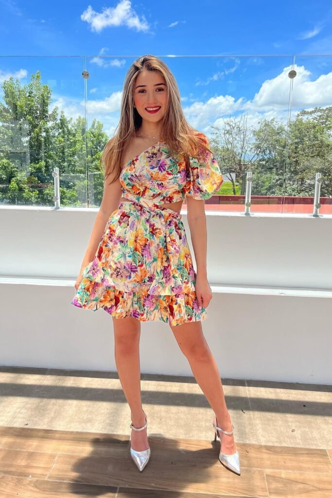 Floral Print One-Shoulder Mini Dress with Waist Cut-outs and Ruffled Skirt + Pointed-Toe Silver Heels