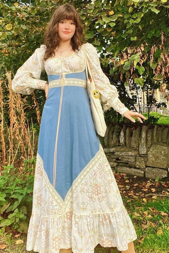 Floral Puff-Sleeve Empire Waist Maxi Dress + Lace Inset Details + White Tote Bag