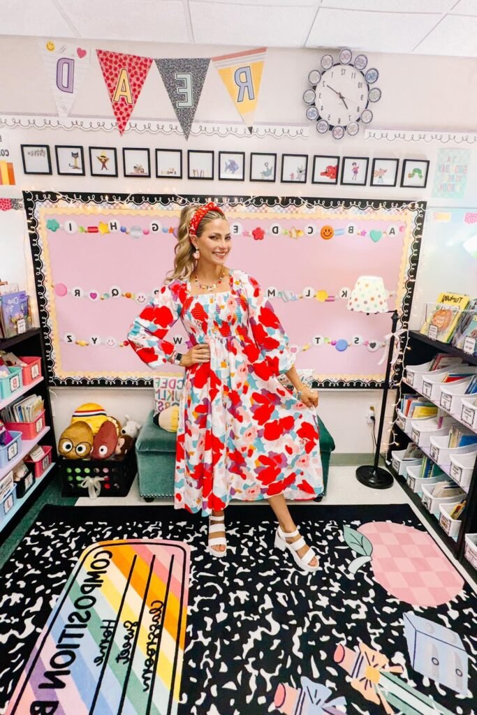 Floral Puff-Sleeve Smocked Midi Dress + Red Patterned Headband + White Platform Sandals