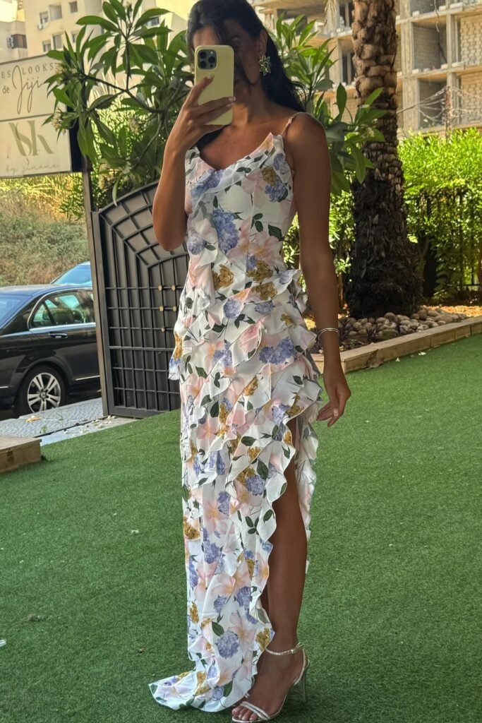 Floral Ruffle-Trim Maxi Dress + Silver Strappy Stiletto Heels