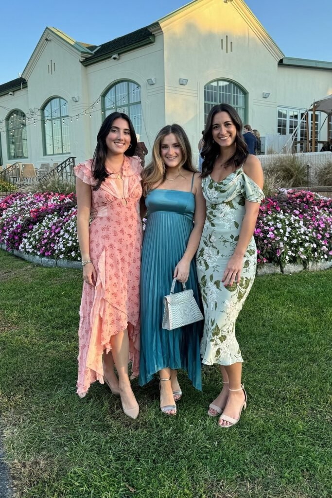 Floral Ruffled Maxi Dress (Peach) / Pleated Satin Midi Dress (Teal) / Floral Cold-Shoulder Midi Dress (Sage) + Neutral Heeled Sandals