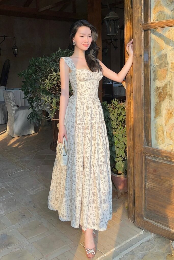 Floral Sweetheart Neckline Tiered Maxi Dress + Clear Bow Heels + White Quilted Bag