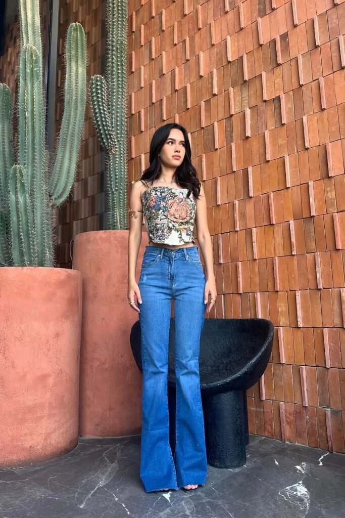 Floral Tapestry Corset Top + Mid-Wash Flared Jeans + Black Sandals