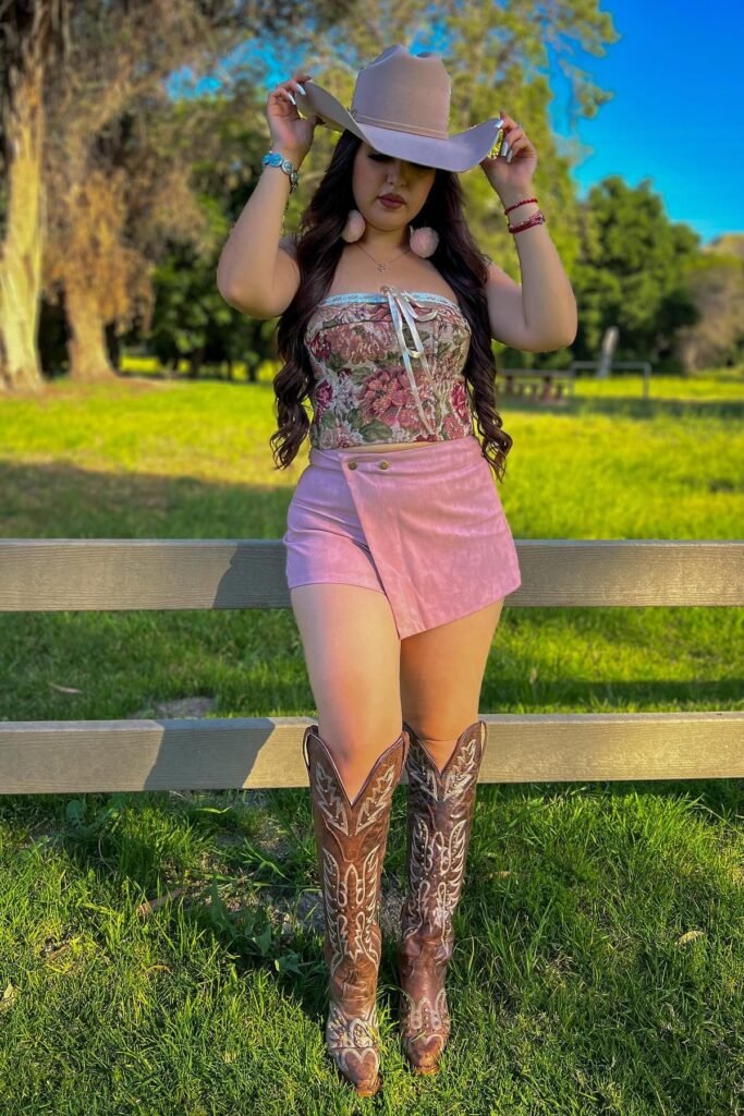 Floral Tapestry Corset Top + Pink Suede Skort + Intricately Embroidered Brown Cowboy Boots