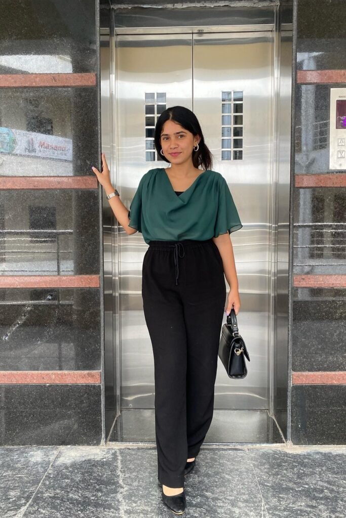 Forest Green Cowl Neck Blouse + Black Elastic Waist Trousers + Black Leather Pumps