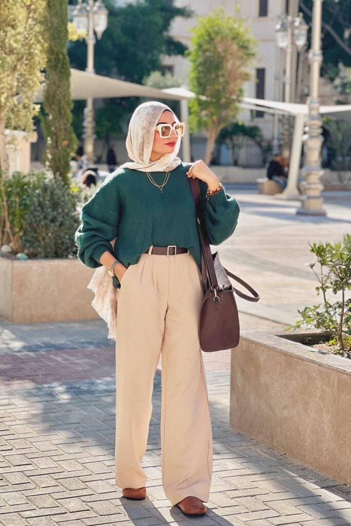 Forest Green Oversized Sweater + Beige High-Waisted Trousers + Brown Leather Shoes