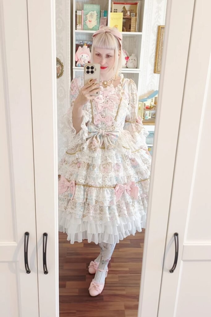 Frilly Pastel Lace Gown + Floral Printed Tights + Pink Bow Flats