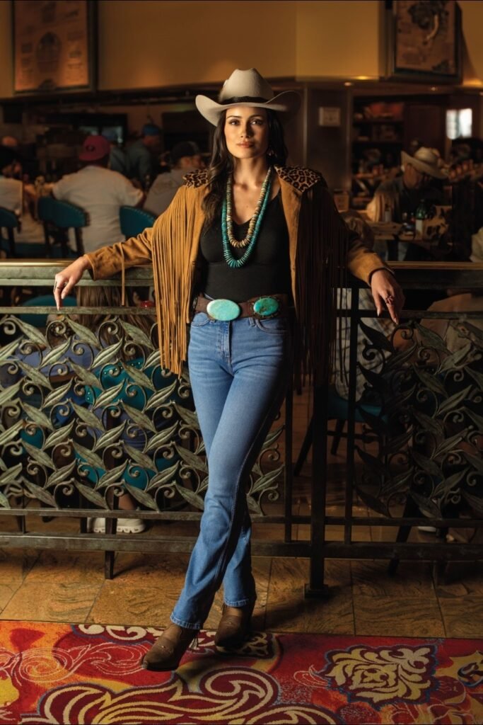  Fringed Camel Suede Jacket + Black Bodysuit + Light Wash Skinny Jeans