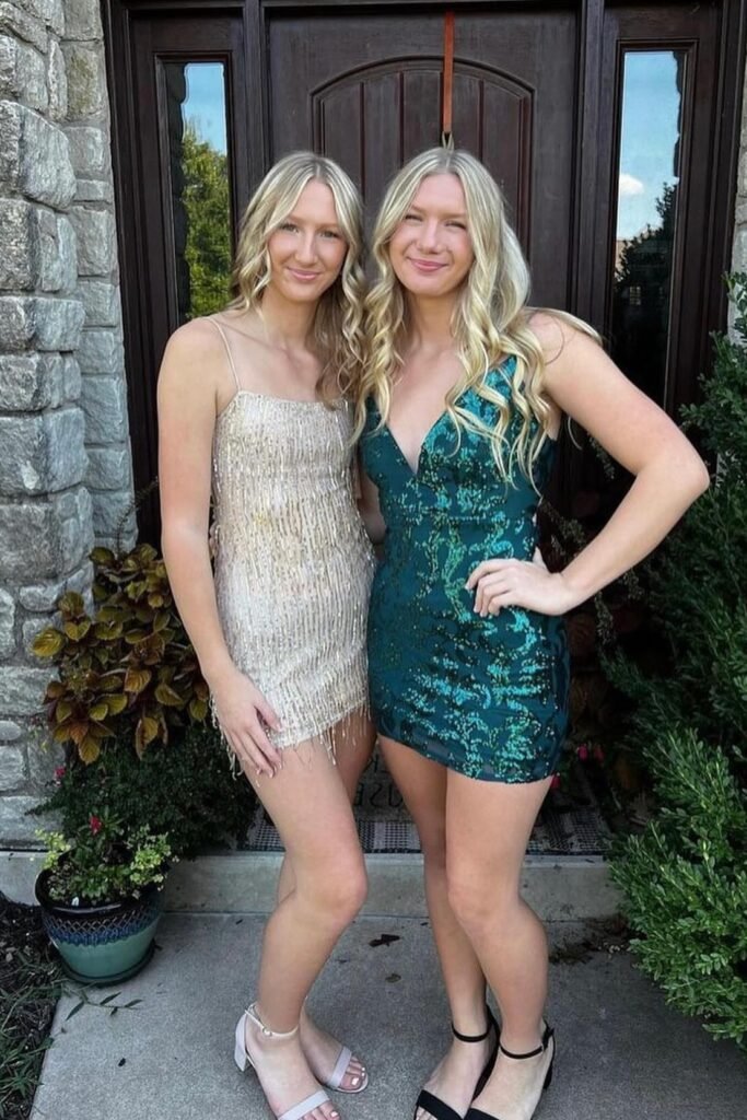 Gold Sequin Fringe Mini Dress / Emerald Sequin V-Neck Mini Dress + Nude & Black Block Heels