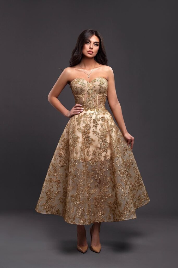 Gold Strapless Lace Midi Dress + Nude Pointed-Toe Heels + Delicate Gold Necklace