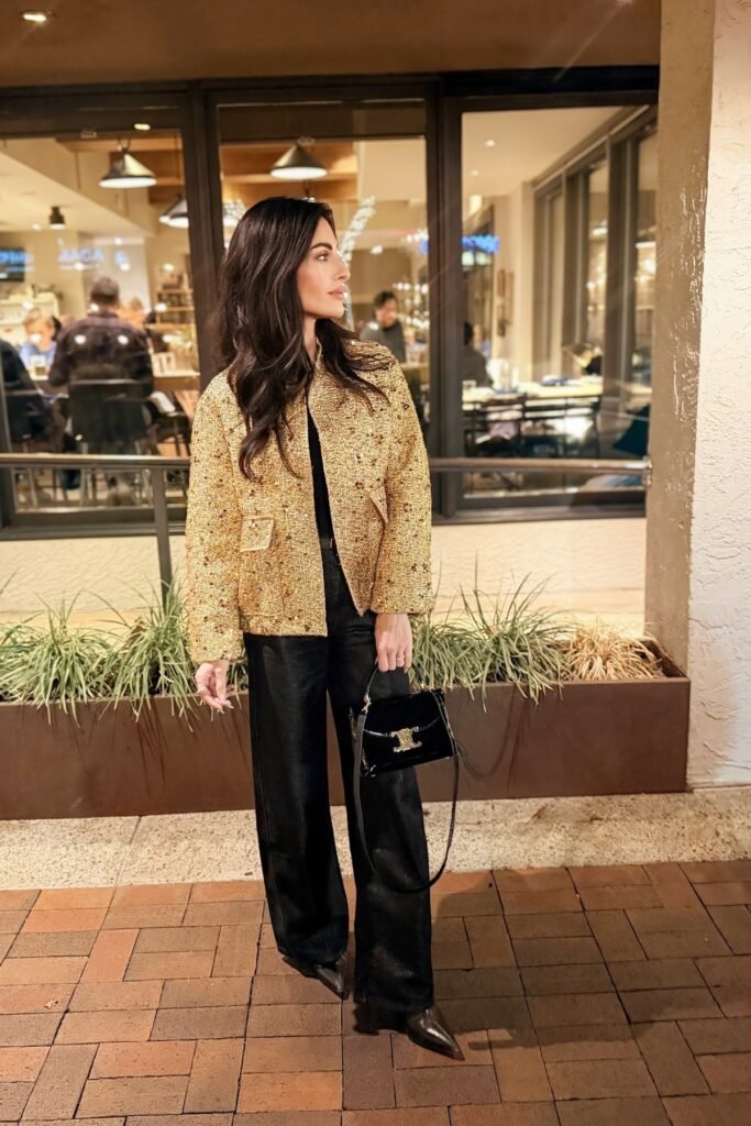 Gold Textured Tweed Jacket + Black Wide-leg Trousers + Black Pointed Heels