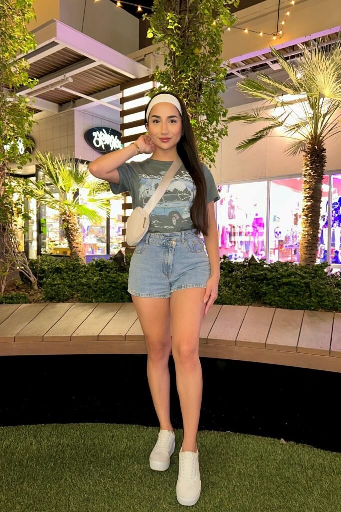 Graphic Olive T-Shirt + Light Wash Denim Shorts + White Platform Sneakers