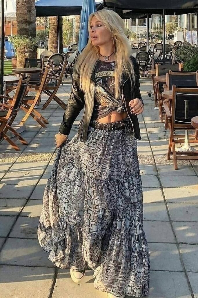 Graphic T-Shirt + Black Leather Jacket + Snakeskin Print Tiered Maxi Skirt + Studded Belt