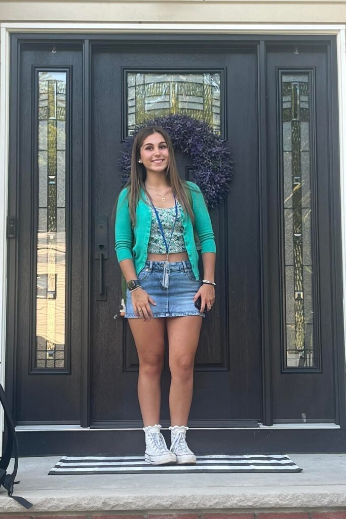 Green Cardigan over Floral Crop Top + Denim Mini Skirt + White High-Top Sneakers