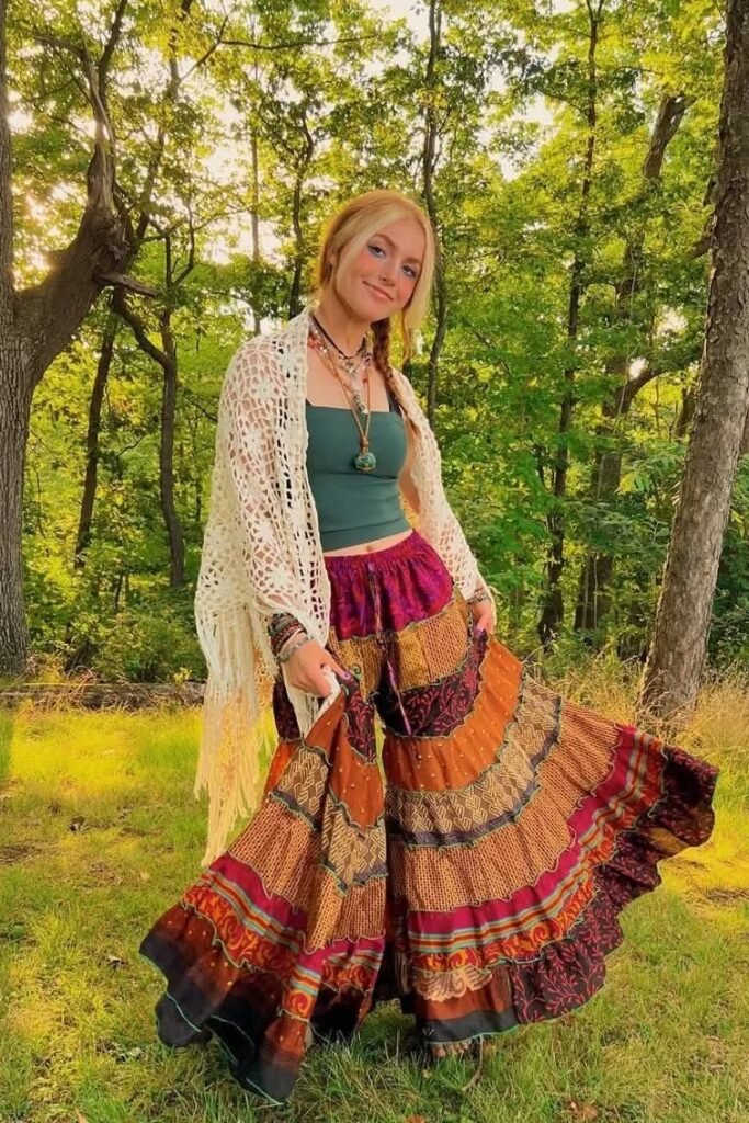 Green Crop Top + Multi-Pattern Tiered Patchwork Pants + White Crochet Shawl + Layered Beaded Necklaces