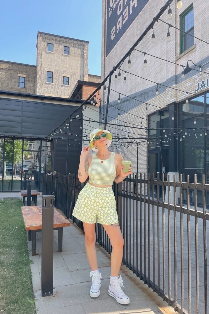 Green Gingham Crop Top + Green Floral Print Shorts + White High-Top Sneakers with Lace Socks