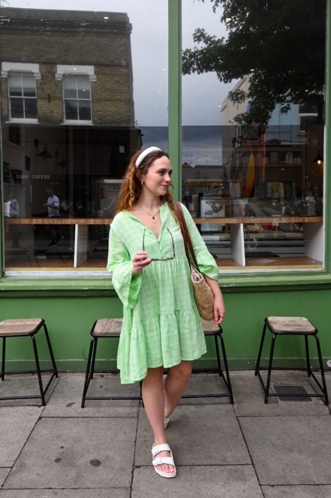 Green Gingham Tiered Dress + White Headband + White Double-Strap Sandals