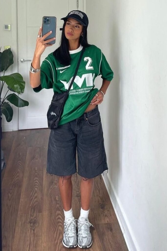 Green Oversized Soccer Jersey + Charcoal Denim Shorts + Silver Athletic Sneakers