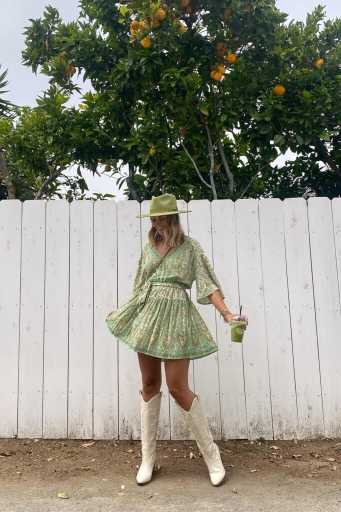 Green Paisley Mini Dress + Green Fedora Hat + White Knee-High Boots