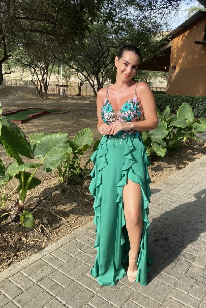 Green Ruffled High-Slit Maxi Skirt + Floral Embroidered Bodice + Nude Heels