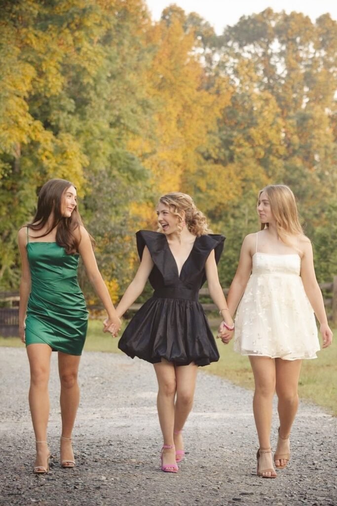 Green Satin Mini Dress / Black Puff-Sleeve Mini Dress / White Floral Mini Dress + Nude & Pink Heeled Sandals