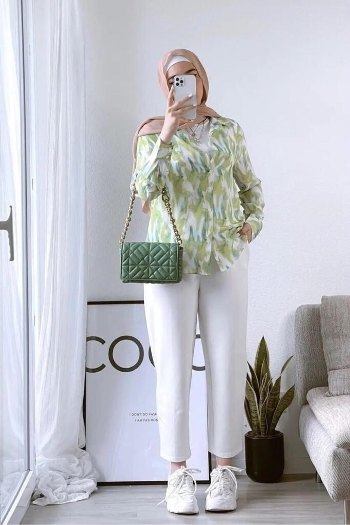 Green and White Abstract Print Shirt + White Cropped Trousers + Tan Hijab + White Sneakers