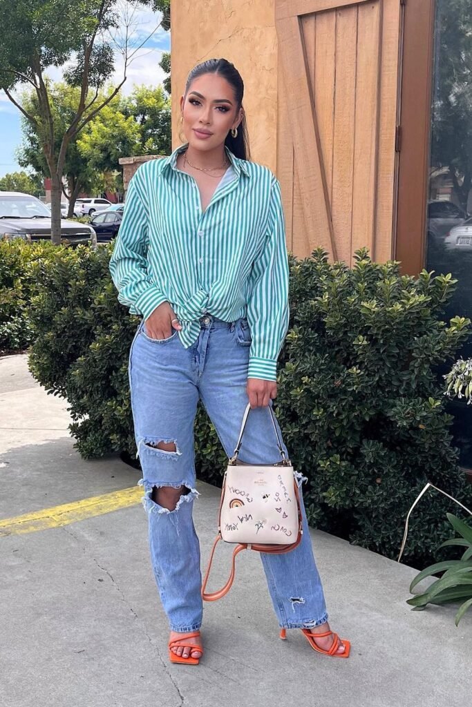 Green and White Striped Button-Down + Ripped Blue Jeans + Orange Strappy Heels