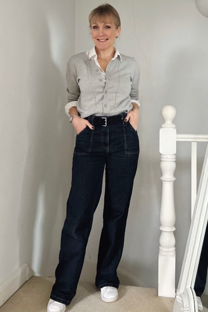 Grey Button-Down Cardigan + White Collared Shirt + Dark Wash Wide-Leg Jeans + White Sneakers