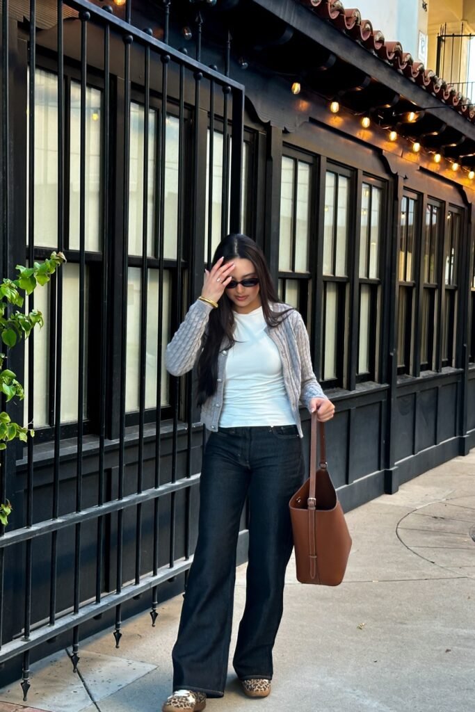 Grey Cable Knit Cardigan + White T-Shirt + Dark Wash Flared Jeans + Leopard Print Sneakers