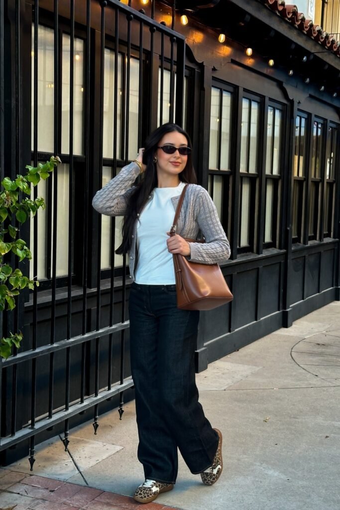 Grey Cable-Knit Cardigan + White T-shirt + Black Wide-Leg Jeans + Leopard Print Sneakers