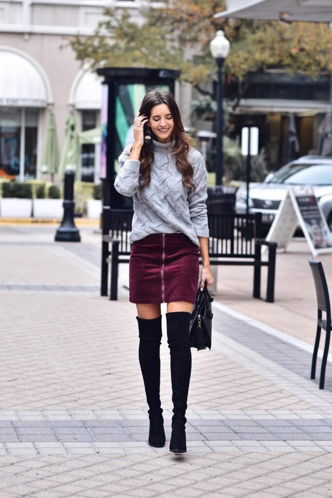 Grey Cable Knit Turtleneck Sweater + Burgundy Corduroy Mini Skirt + Black Over-the-Knee Boots
