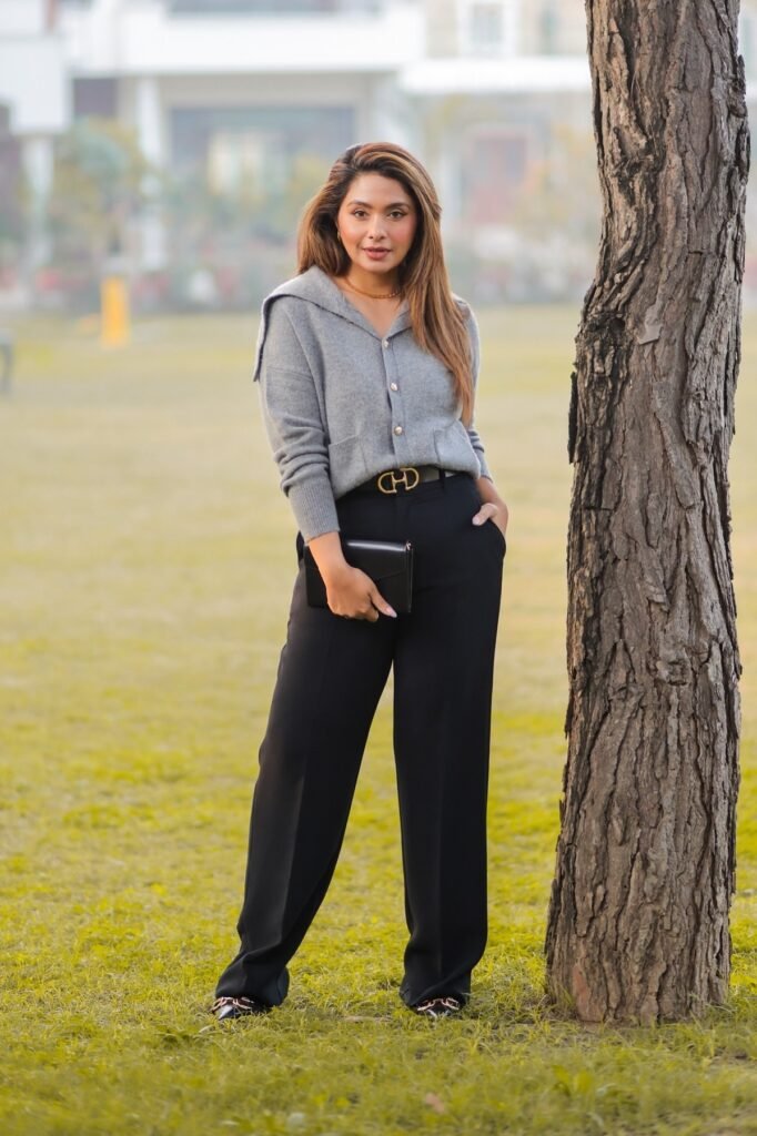 Grey Collared Cardigan + Black Wide-Leg Trousers + Black Chain Loafers