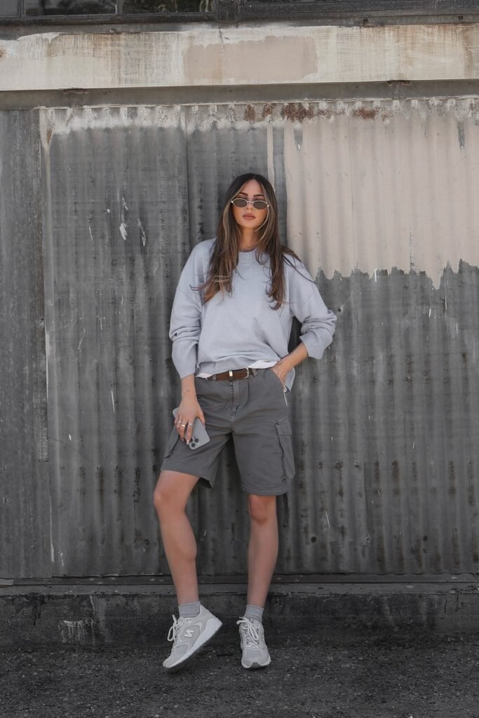 Grey Crewneck Sweater + Dark Grey Cargo Shorts + Grey Sneakers
