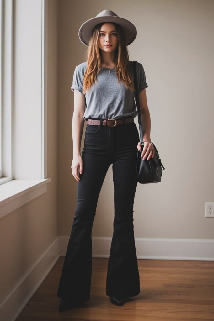 Grey Crewneck T-Shirt + Wide Brim Fedora Hat + Black Flared Jeans + Black Pointed Boots