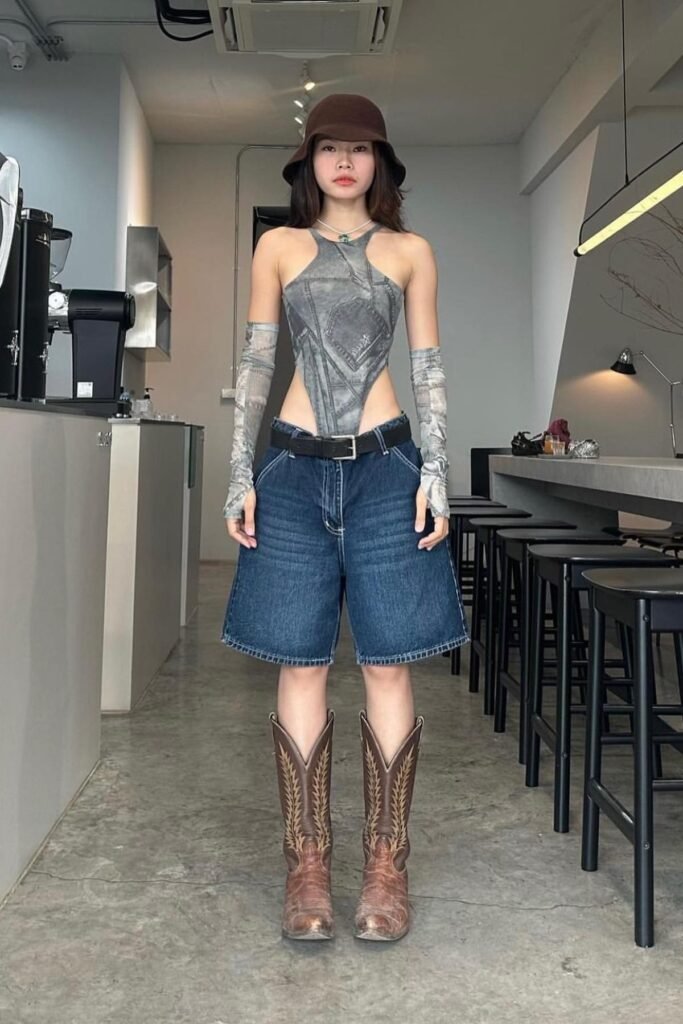 Grey Denim-Print Halter Top + Baggy Denim Bermuda Shorts + Brown Western Boots