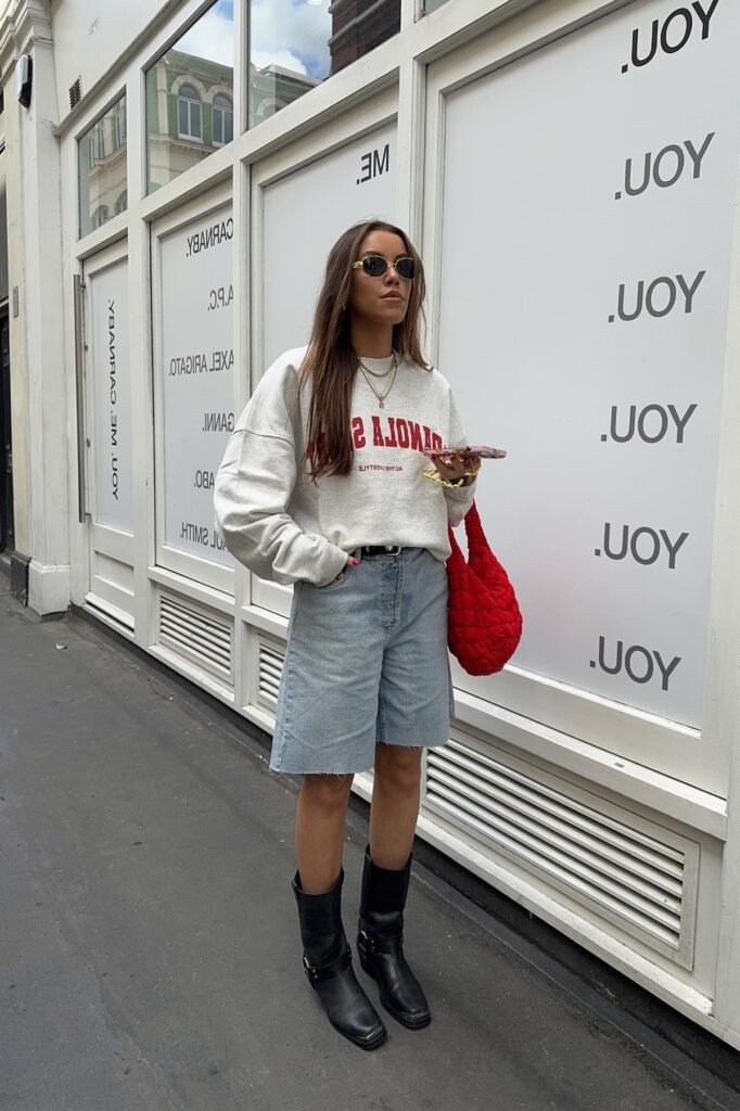 Grey Graphic Crewneck Sweatshirt + Light Wash Raw-Hem Denim Shorts + Black Square-Toe Boots