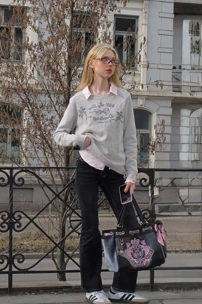 Grey Graphic Sweater over Pink Collared Shirt + Black Flared Jeans + Black & White Soccer Sneakers