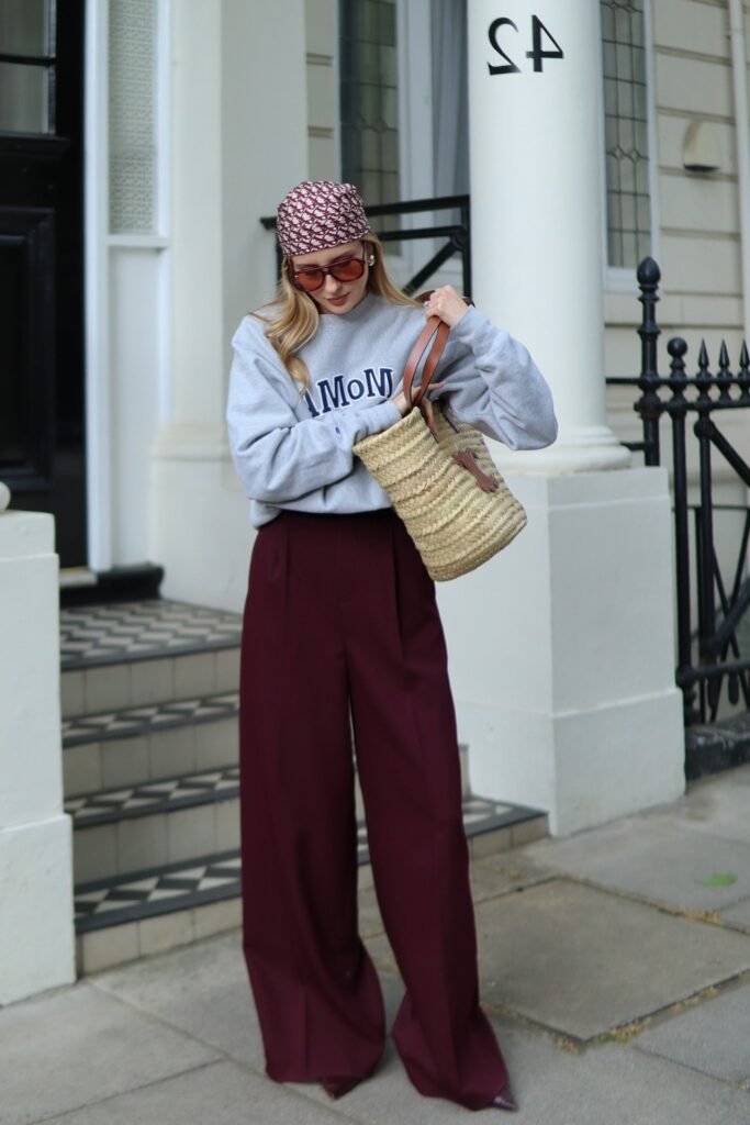 Grey Graphic Sweatshirt + Burgundy Patterned Headscarf + Burgundy Wide-Leg Trousers + Pointed-Toe Burgundy Heels