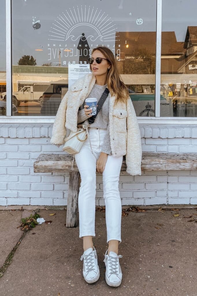 Grey Knit Sweater + White Skinny Jeans + Cream Shearling Jacket + White Sneakers