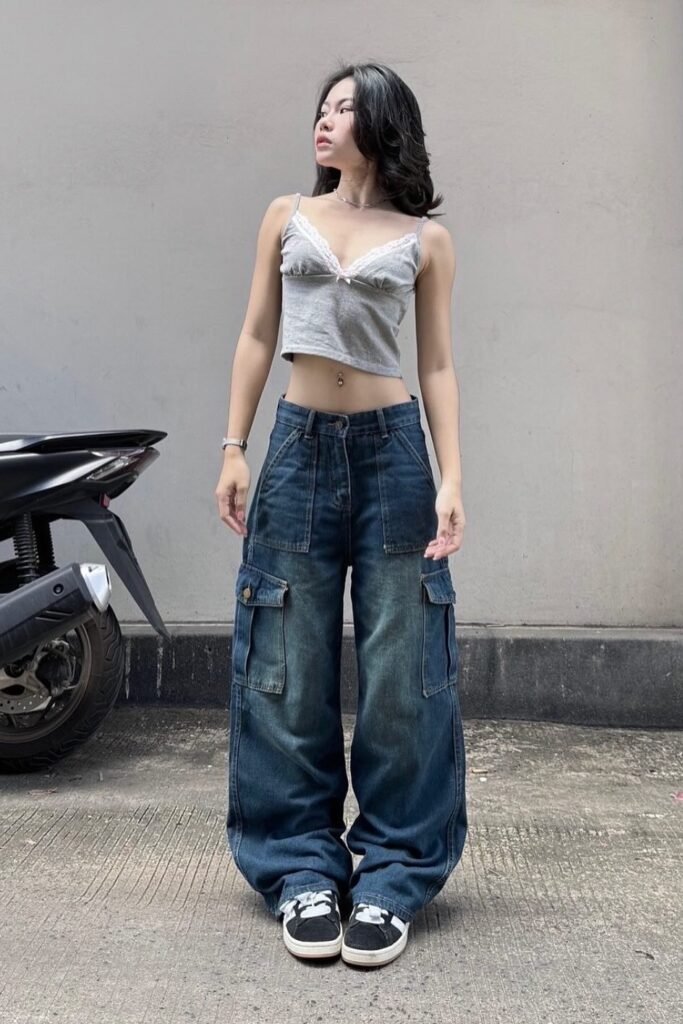  Grey Lace-Trim Cami Crop Top + Wide-Leg Dark Wash Cargo Jeans + Black and White Sneakers