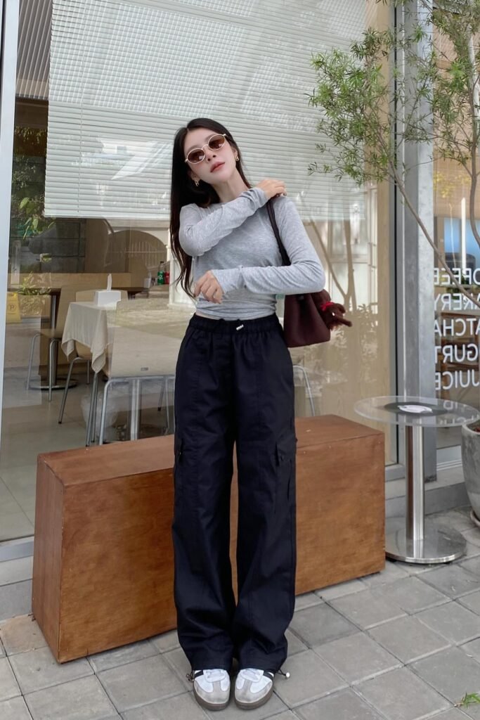 Grey Long-Sleeve Fitted Top + Black Wide-Leg Cargo Pants + White & Black Sneakers