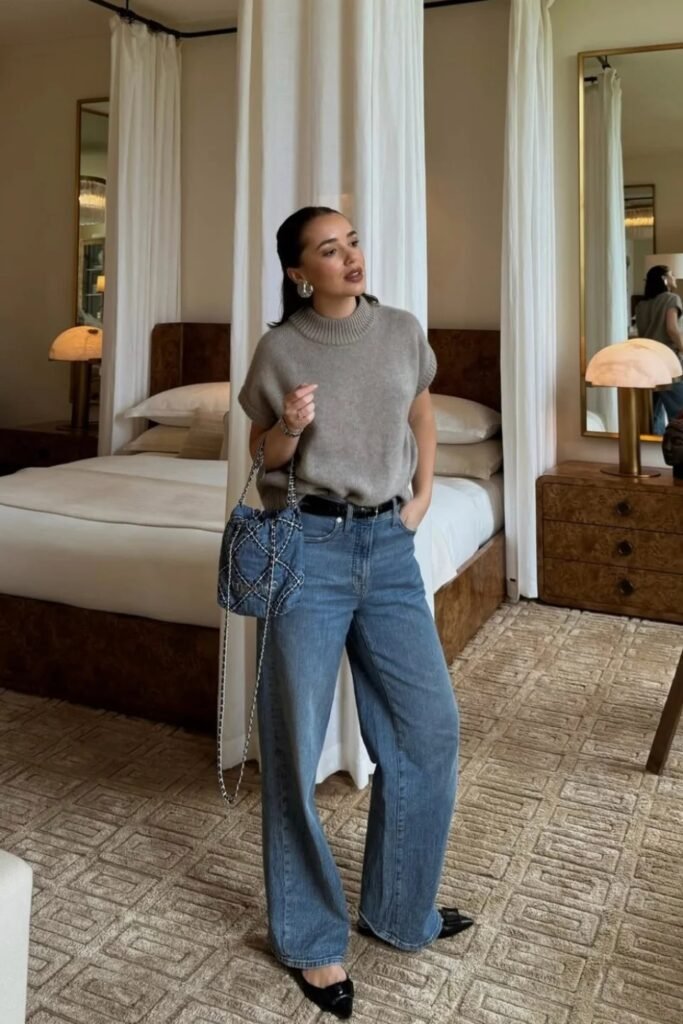 Grey Mock-Neck Sweater Vest + Medium Wash Wide-Leg Jeans + Black Pointed-Toe Flats