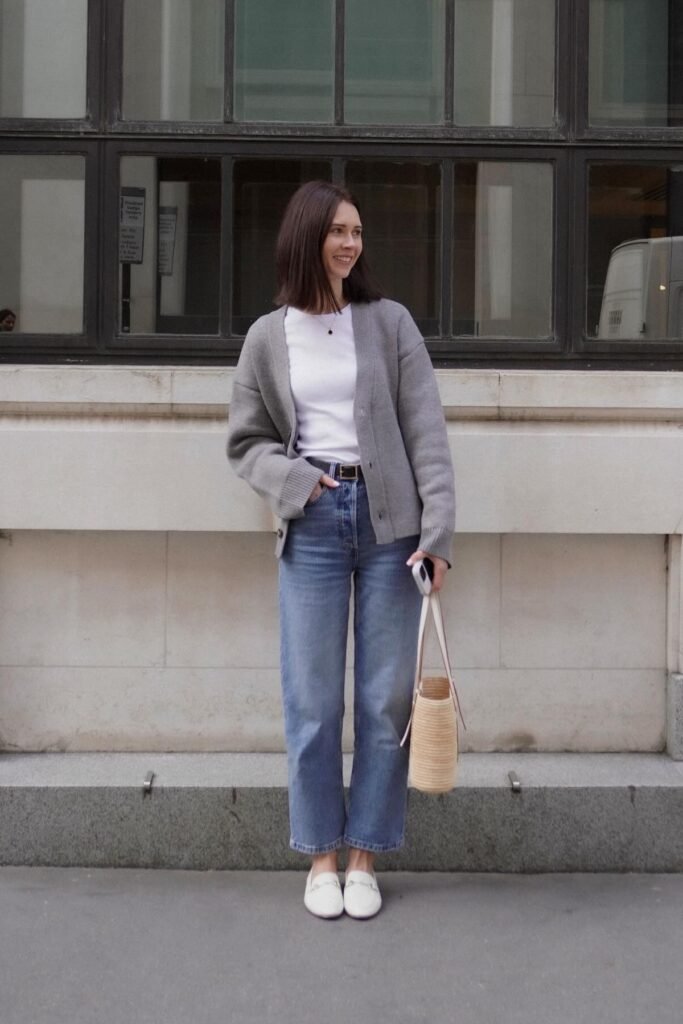 Grey Open Cardigan + White T-shirt + Straight-Leg Blue Jeans + White Loafers