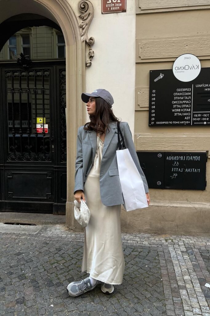 Grey Oversized Blazer + Champagne Satin Slip Dress + Grey Sneakers