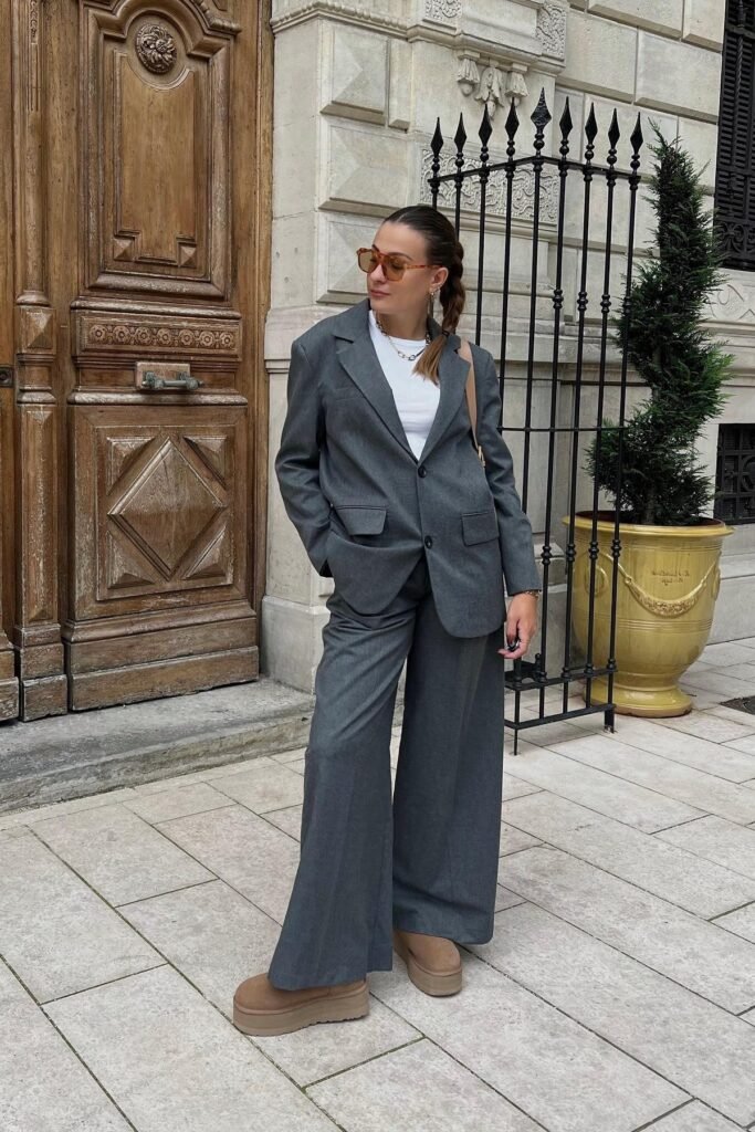 Grey Oversized Blazer + Matching Wide-Leg Trousers + Platform Suede Mules