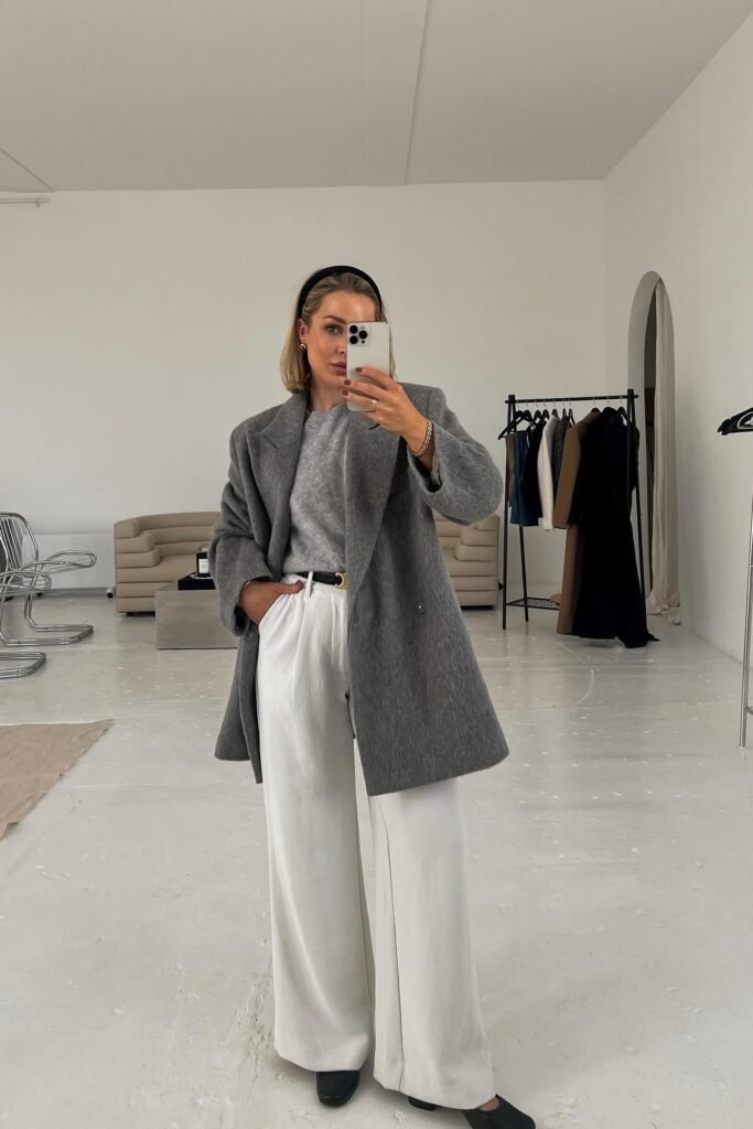Grey Oversized Coat + Grey Crewneck Sweater + White Wide-Leg Trousers