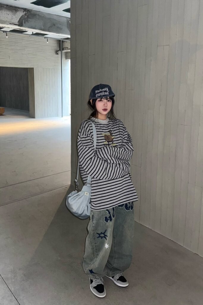 Grey Oversized Striped Long-Sleeve Shirt + Baggy Graphic Jeans + Black and Grey High-Top Sneakers