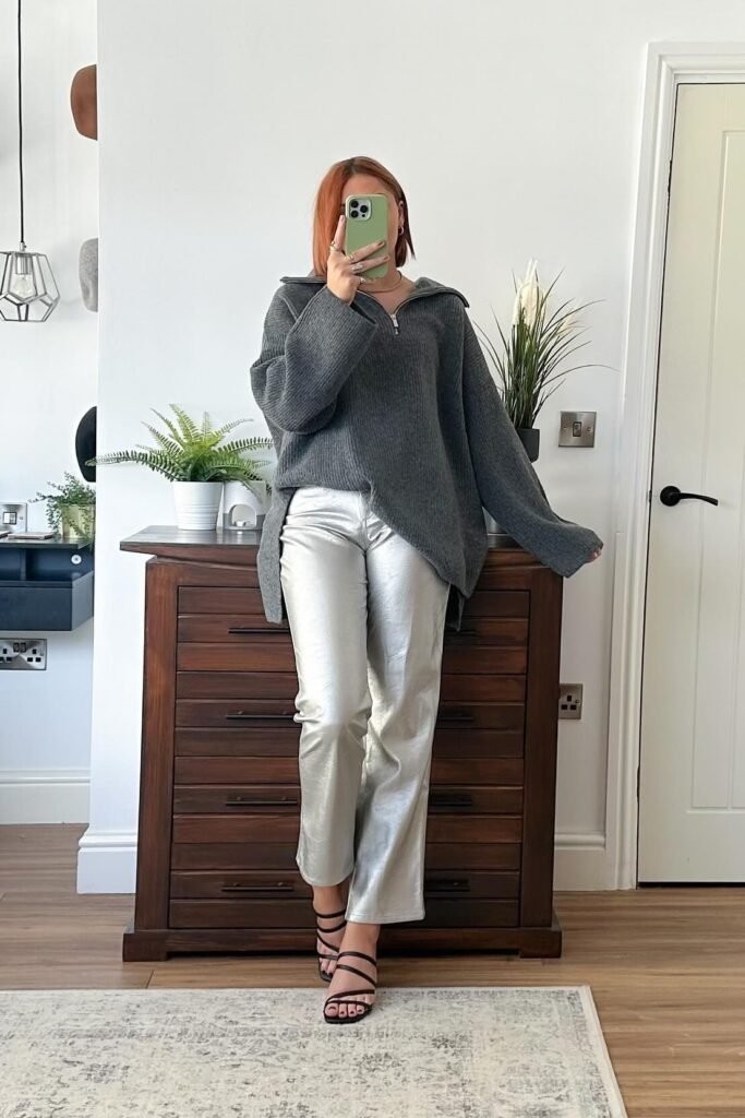 Grey Quarter-Zip Oversized Sweater + Silver Metallic Trousers + Black Strappy Heeled Sandals