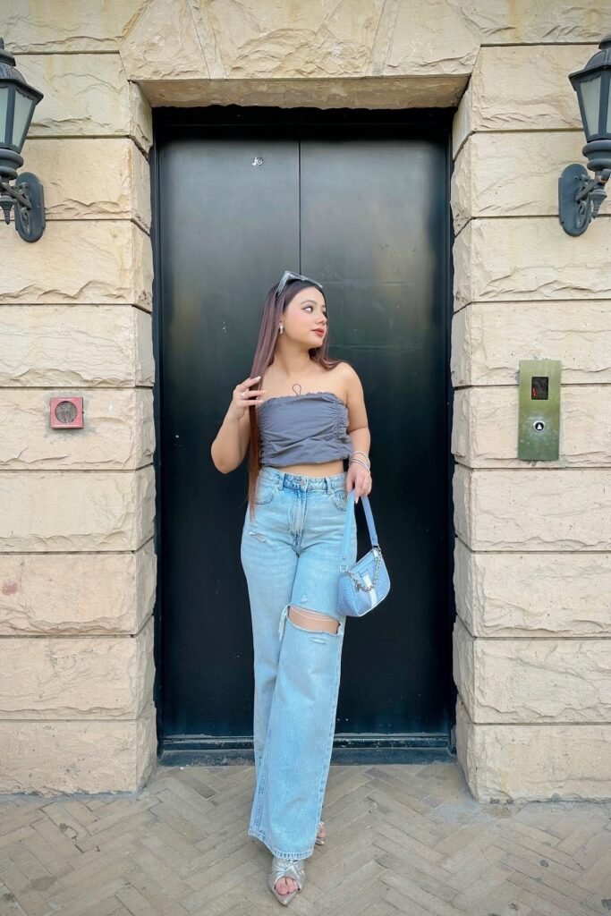 Grey Ruched Tube Top + Light Wash Ripped Wide Leg Jeans + Silver Square Toe Heels