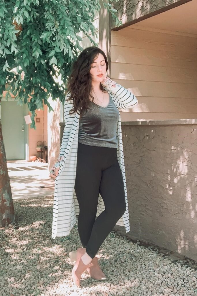 Grey Velvet Camisole + Long Striped Cardigan + Black Leggings + Mauve Ankle Boots